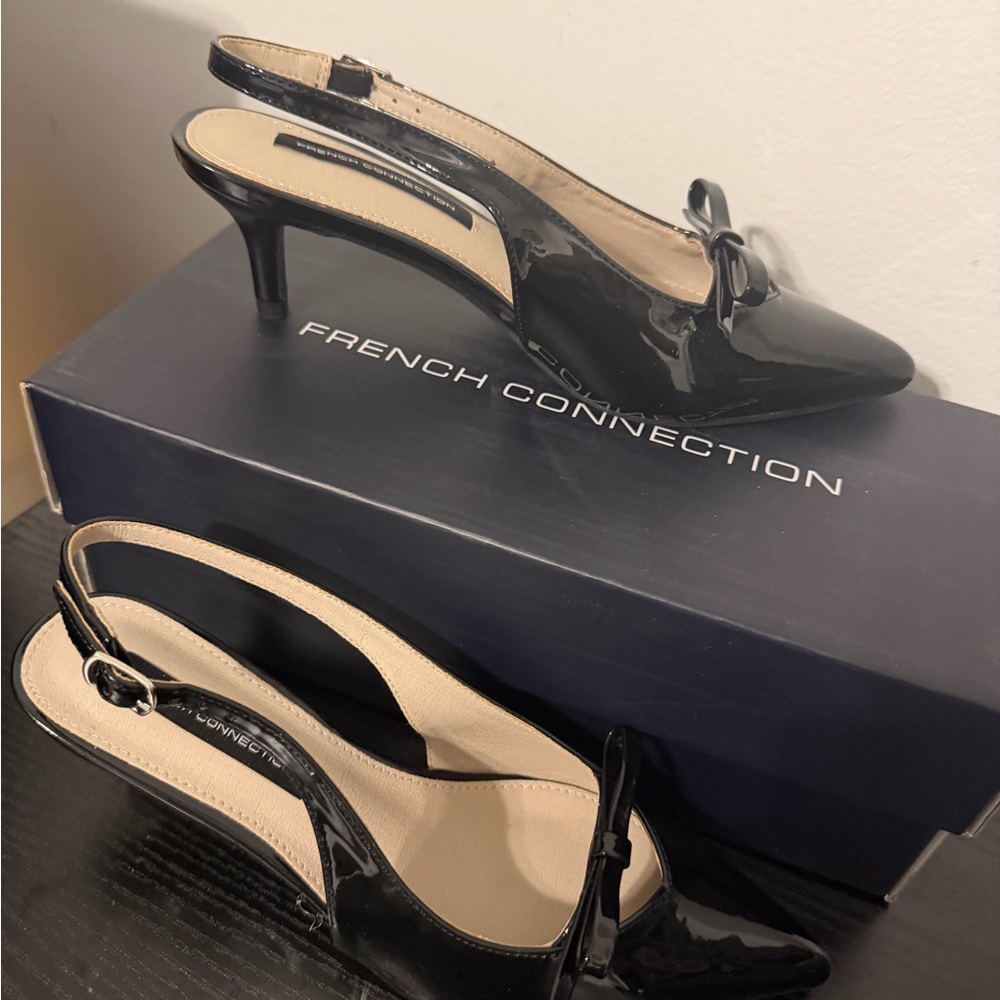 French Connection Glossy Black Slingback Heels
